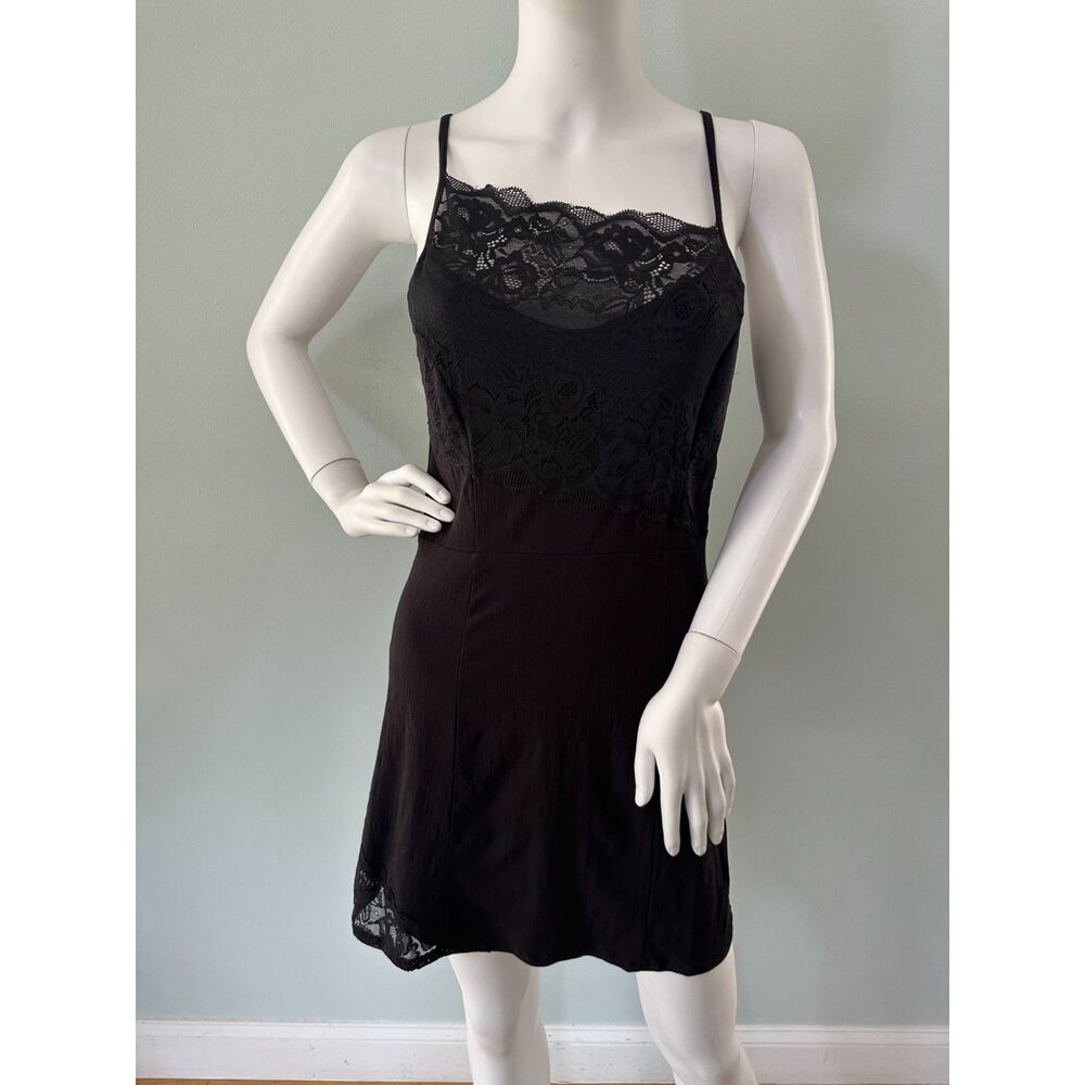 Free People Black Lace Trim Slip Dress size S Spaghetti Tie Strap Mini Goth